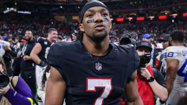 Dec 29, 2025; Atlanta, Georgia, USA; Atlanta Falcons running back Bijan Robinson (7) celebrates after a victory over the Los Angeles Rams at Mercedes-Benz Stadium. Mandatory Credit: Brett Davis-Imagn Images
