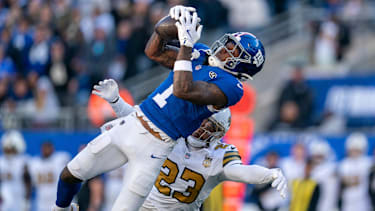 New York Giants Wide Receiver Malik Nabers (1) mit einem Catch gegen die New Orleans Saints.