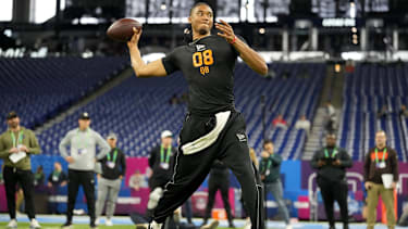 Arkansas Quarterback Taylen Green (QB08) beim NFL Scouting Combine 2026 im Lucas Oil Stadium in Indianapolis, Indiana