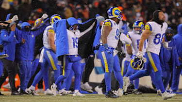 CHICAGO, IL - JANUARY 18: Xavier Smith 19 of the Los Angeles Rams celebrates after the NFC Divisional Round playoff game against the Chicago Bears on January 18, 2026 at Soldier Field in Chicago, Illinois. (Photo by Melissa Tamez Icon Sportswire) NFL, American Football Herren, USA JAN 18 NFC Divisional Round Rams at Bears EDITORIAL USE ONLY Icon260118044