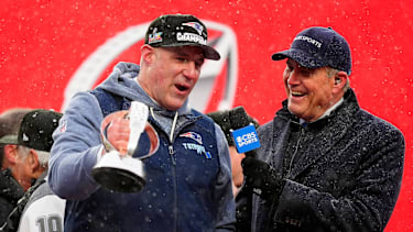 New England Patriots head coach Mike Vrabel speaks to the media after defeating the Denver Broncos in the 2026 AFC Championship Game
