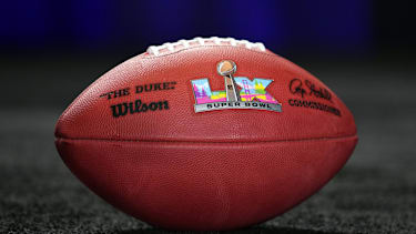 A Wilson official NFL Duke football with the Super Bowl LX (60) logo at the Super Bowl LIX host committee handoff press conference.