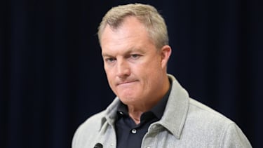 Feb 24, 2026; Indianapolis, IN, USA; San Francisco 49ers general manager John Lynch speaks at the NFL Scouting Combine at the Indiana Convention Center. Mandatory Credit: Kirby Lee-Imagn Images