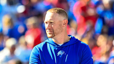 Buffalo Bills offensive coordinator Joe Brady on th field before a game against the Tennessee Titans at Highmark Stadium