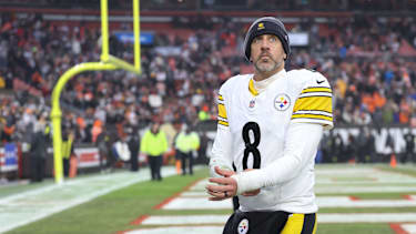 Dec 28, 2025; Cleveland, Ohio, USA; Pittsburgh Steelers quarterback Aaron Rodgers (8) looks on after the game against the Cleveland Browns at Huntington Bank Field. Mandatory Credit: Scott Galvin-Imagn Images