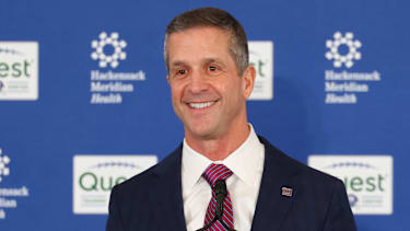 New York Giants Head Coach John Harbaugh spricht auf einer Pressekonferenz zur Vorstellung als neuer Trainer der Giants im Quest Diagnostics Training Center in East Rutherford