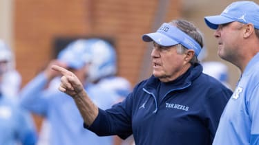 November 15, 2025: North Carolina Tar Heels head coach Bill Belichick talks with offensive coordinator Freddie Kitchens before the ACC football match up against the Wake Forest Demon Deacons at Allegacy Stadium in Winston-Salem, NC. ( CSM) Winston-Salem United States - ZUMAc04_ 20251115_zma_c04_266 Copyright: xScottxKinserx