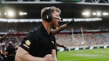 Luca Berdelmann, Defensive Coach von Rhein Fire, im Stadion des AFLE-Teams