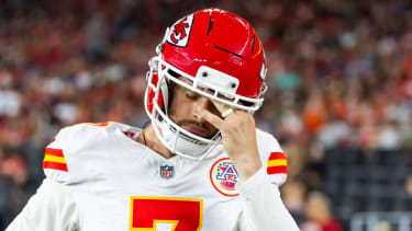 NFL, American Football Herren, USA Kansas City Chiefs at Arizona Cardinals Aug 9, 2025; Glendale, Arizona, USA; Kansas City Chiefs kicker Harrison Butker (7) reacts against the Arizona Cardinals during a preseason NFL game at State Farm Stadium. Glendale State Farm Stadium Arizona USA, EDITORIAL USE ONLY PUBLICATIONxINxGERxSUIxAUTxONLY Copyright: xMarkxJ.xRebilasx 20250811_mjr_su5_057