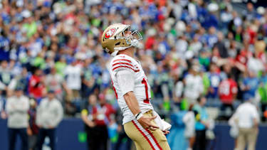 Quarterback Brock Purdy von den San Francisco 49ers jubelt nach einem Touchdown-Pass gegen die Seattle Seahawks im Lumen Field in Seattle (NFL, American Football, USA)