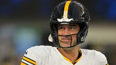 Nov 9, 2025; Inglewood, California, USA; Pittsburgh Steelers quarterback Aaron Rodgers (8) looks on during warmups before the game against the Los Angeles Chargers at SoFi Stadium. Mandatory Credit: Jayne Kamin-Oncea-Imagn Images