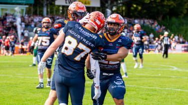 Touchdown celebration Tim Müller (ifm Razorbacks Ravensburg, 87 WR), Aniel Buße (ifm Razorbacks Ravensburg, 03 WR) and Kosti Hotti (ifm Razorbacks Ravensburg, 22 DB)