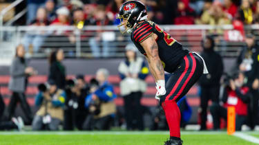 Christian McCaffrey 23 of the San Francisco 49ers waits in the backfield during an NFL,