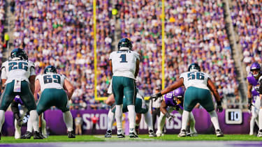 Oct 19, 2025; Minneapolis, Minnesota, USA; Philadelphia Eagles quarterback Jalen Hurts (1) makes a call during the second half against the Minnesota Vikings at U.S. Bank Stadium. Mandatory Credit: Brad Rempel-Imagn Images