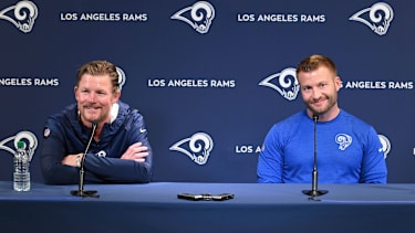 Head Coach Sean McVay und General Manager Les Snead von den Los Angeles Rams sprechen bei einer Pressekonferenz vor dem NFL Draft 2019 an der Cal Lutheran University
