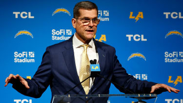 INGLEWOOD, CALIFORNIA - FEBRUARY 01: Newly appointed head coach Jim Harbaugh of the Los Angeles Chargers speaks to the media during a press conference at YouTube Theater on February 01, 2024 in Inglewood, California. (Photo by Ronald Martinez/Getty Images)
