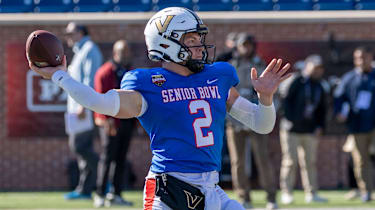 Nationalteam quarterback Diego Pavia (2) of Vanderbilt throws during National Senior Bowl practice at Hancock Whitney Stadium.