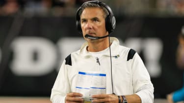 CINCINNATI, OH - SEPTEMBER 30: Jacksonville Jaguars head coach Urban Meyer looks at the scoreboard during the game against the Jacksonville Jaguars and the Cincinnati Bengals on September 30, 2021, at Paul Brown Stadium in Cincinnati, OH. (Photo by Ian Johnson/Icon Sportswire via Getty Images)