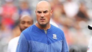 EAST RUTHERFORD, NEW JERSEY - AUGUST 21: Offensive coordinator Mike Kafka of the New York Giants looks on during warmups of a preseason game against the Cincinnati Bengals at MetLife Stadium on August 21, 2022 in East Rutherford, New Jersey. (Photo by Sarah Stier/Getty Images)