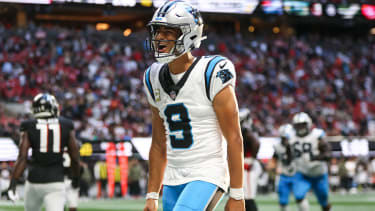 Nov 16, 2025; Atlanta, Georgia, USA; Carolina Panthers quarterback Bryce Young (9) reacts to a touchdown in the fourth quarter against the Atlanta Falcons at Mercedes-Benz Stadium. Mandatory Credit: Brett Davis-Imagn Images