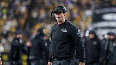 Baltimore Ravens head coach John Harbaugh looks on during the NFL