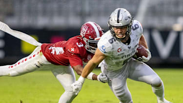 Adrian Platzgummer von den Raiders Tirol während eines Spiels der European Football Alliance (EFA) in der Saison 2026