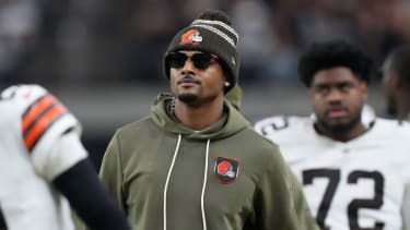 Nov 23, 2025; Paradise, Nevada, USA; Cleveland Browns quarterback Deshaun Watson watches on the sidelines against the Las Vegas Raiders in the second half at Allegiant Stadium. Mandatory Credit: Kirby Lee-Imagn Images