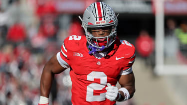 NCAA, College League, USA Football: Rutgers at Ohio State Nov 22, 2025; Columbus, Ohio, USA; Ohio State Buckeyes safety Caleb Downs (2) runs against the Rutgers Scarlet Knights during the third quarter at Ohio Stadium. Columbus Ohio Stadium Ohio USA