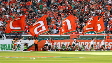 NCAA, College League, USA Football 2018: FIU vs Miami SEP 22 September 22, 2018: Miami Hurricanes flag runners display the Canes flags to the fans, for a touchdown celebration, during the college football game between the FIU Panthers and the Miami Hurricanes at the Hard Rock Stadium in Miami Gardens, Florida. The Hurricanes won 31-17. Mario Houben CSM Miami Gardens Florida USA EDITORIAL USE ONLY Copyright: xx ZUMA-20180922_zaf_c04_793.jpg MarioxHoubenx csmphototwo434656