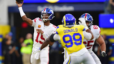 Sep 21, 2026; Inglewood, California, USA;  New York Giants quarterback Jameis Winston (19) throws during the first quarter against the Los Angeles Rams at SoFi Stadium.  Mandatory Credit: Gary A. Vasquez-Imagn Images