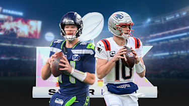 NFL, American Football, Super Bowl, USA- Quarterback Sam Darnold (Seattle Seahawks) and Drake Maye (New England Patriots) standing in front of the Super Bowl Logo LX