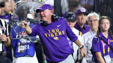 Oct 25, 2025; Baton Rouge, Louisiana, USA; Louisiana State Tigers head coach Brian Kelly during the first half against the Texas A&amp;M Aggies at Tiger Stadium. Mandatory Credit: Stephen Lew-Imagn Images