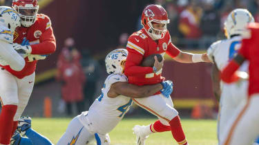 December 19, 2025: Kansas City Chiefs quarterback Patrick Mahomes (15) is sacked by Los Angeles Chargers linebacker Tuli Tuipulotu (45) during the first quarter at GEHA Field at Arrowhead Stadium on Dec. 14, 2025, in Kansas City, Missouri. - ZUMAm67_ 20251219_zaf_m67_004 Copyright: xEmilyxCurielx