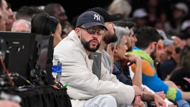 Mar 31, 2024; New York, New York, USA; Rapper / singer Bad Bunny looks on during the game between the New York Knicks and the Oklahoma City Thunder at Madison Square Garden. Mandatory Credit: John Jones-Imagn Images
