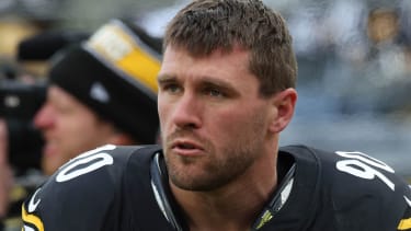 Nov 16, 2025; Pittsburgh, Pennsylvania, USA; Pittsburgh Steelers outside linebacker T.J. Watt (90) looks on from the sidelines against the Cincinnati Bengals during the third quarter at Acrisure Stadium. Mandatory Credit: Charles LeClaire-Imagn Images