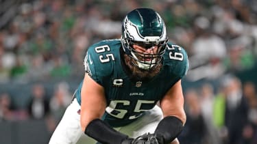 Sep 4, 2025; Philadelphia, Pennsylvania, USA; Philadelphia Eagles offensive tackle Lane Johnson (65) against the Dallas Cowboys at Lincoln Financial Field. Mandatory Credit: Eric Hartline-Imagn Images