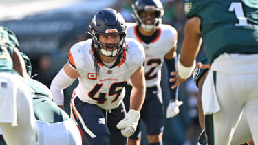 Oct 5, 2025; Philadelphia, Pennsylvania, USA; Denver Broncos linebacker Alex Singleton (49) against the Philadelphia Eagles at Lincoln Financial Field. Mandatory Credit: Eric Hartline-Imagn Images