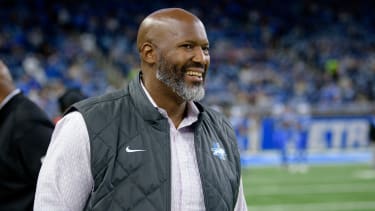 Detroit Lions general manager Brad Holmes watches warm-ups from the sidelines before their game against the Carolina Panthers at Ford Field. Mandatory Credit: Lon Horwedel-Imagn Images
