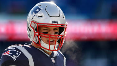 Dec 30, 2018; Foxborough, MA, USA; New England Patriots tight end Rob Gronkowski (87) takes the field before their game against the New York Jets at Gillette Stadium. Mandatory Credit: Winslow Townson-Imagn Images