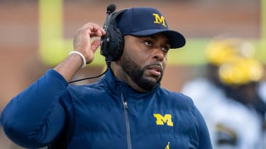 Nov 22, 2025; College Park, Maryland, USA; Michigan Wolverines head coach Sherrone Moore on the sidelines during the first quarter against the Maryland Terrapins  at SECU Stadium. Mandatory Credit: Tommy Gilligan-Imagn Images