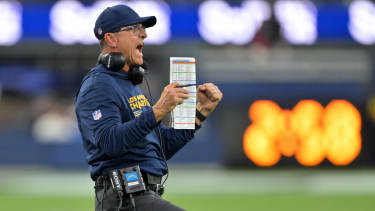 Los Angeles Chargers head coach Jim Harbaugh reacts during the second half at SoFi Stadium. Mandatory Credit: Jayne Kamin-Oncea-Imagn Images