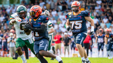 Anthony Harris Jr (ifm Razorbacks Ravensburg, 01 WR) ifm Razorbacks Ravensburg vs. Kiel Baltic Hurricanes, American Football, German Football League, Week 20, 2025, 21.09.2025, Weingarten TeleData Stadion am Lindenhof Germany Copyright: xFootxBowl SebastianxJustx