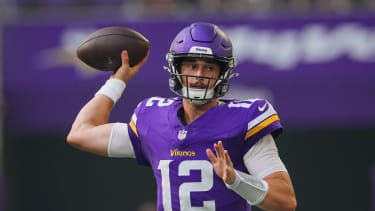 Aug 9, 2025; Minneapolis, Minnesota, USA; Minnesota Vikings quarterback Max Brosmer (12) passes against the Houston Texans in the fourth quarter at U.S. Bank Stadium. Mandatory Credit: Brad Rempel-Imagn Images
