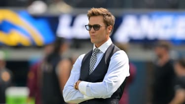 Oct 5, 2025; Inglewood, California, USA; Tom Brady looks on before the game between the Los Angeles Chargers and the Washington Commanders at SoFi Stadium. Mandatory Credit: Jayne Kamin-Oncea-Imagn Images