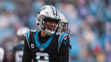 Nov 30, 2025; Charlotte, North Carolina, USA; Carolina Panthers quarterback Bryce Young (9) celebrates after a touchdown during the third quarter against the Los Angeles Rams at Bank of America Stadium. Mandatory Credit: Scott Kinser-Imagn Images