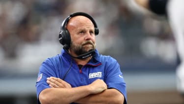 Sep 14, 2025; Arlington, Texas, USA; New York Giants head coach Brian Daboll reacts after a play against the Dallas Cowboys during the second quarter at AT&amp;T Stadium. Mandatory Credit: Kevin Jairaj-Imagn Images