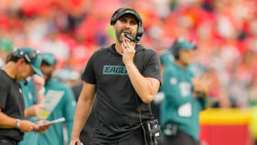 Sep 14, 2025; Kansas City, Missouri, USA; Philadelphia Eagles head coach Nick Sirianni looks on during the third quarter of the game against the Kansas City Chiefs at GEHA Field at Arrowhead Stadium. Mandatory Credit: Jay Biggerstaff-Imagn Images