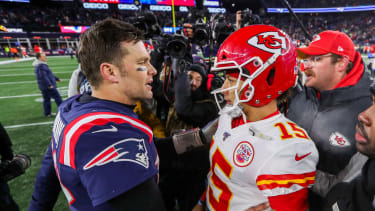 New England Patriots quarterback Tom Brady (12) and Kansas City Chiefs quarterback Patrick Mahomes (15)