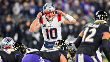 New England Patriots quarterback Drake Maye (10) calls an audible
