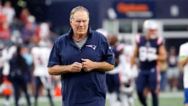 New England Patriots head coach Bill Belichick monitors the team in warm up
